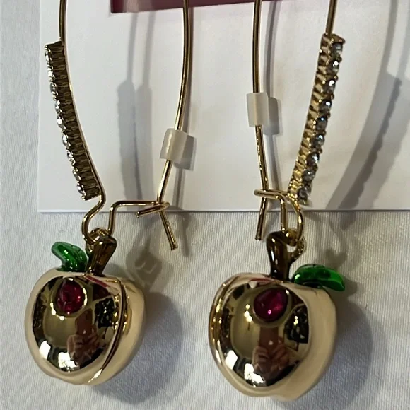 Betsey Johnson Apple Pave Shepherd Hook Earrings Goldtone crystal NWT - Picture 3 of 5